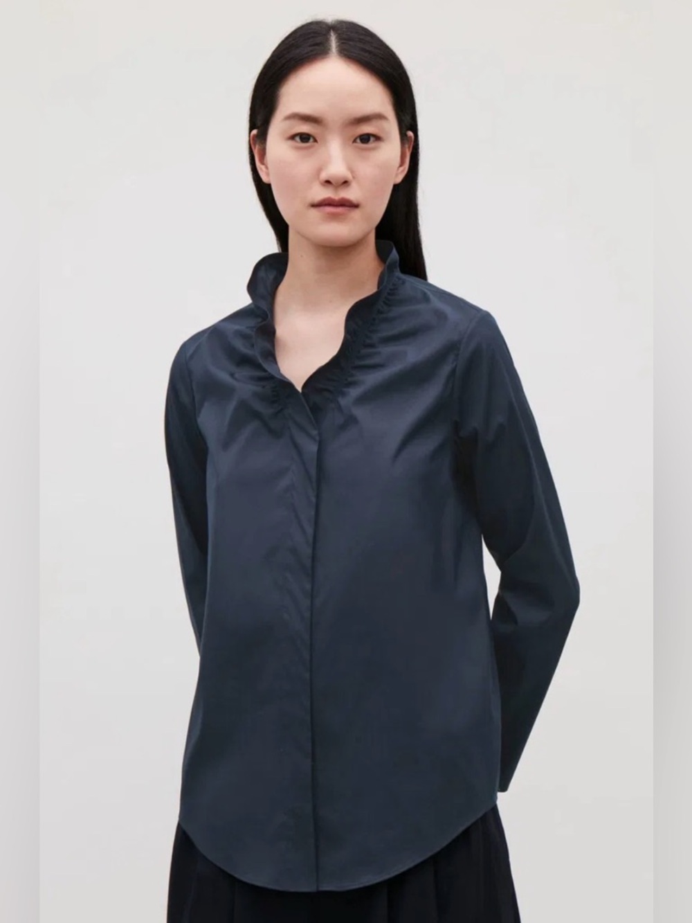 COS Navy Frill V-Neck Button Down Shirt Blouse Size Medium